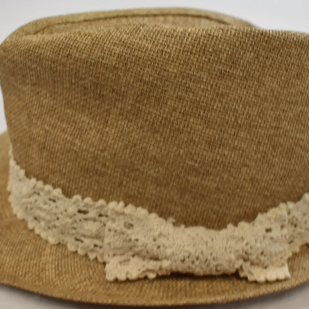Wilsons Leather Brown Straw Fedora with Cream Lace Band
